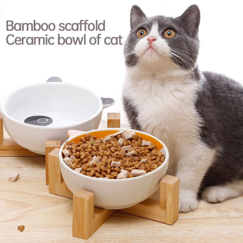 Ceramic Pet Bow Set with Bamboo Stand